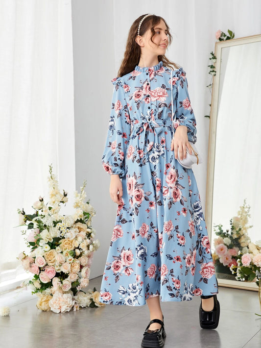 Teen Girls Floral Print Frill Trim Lantern Sleeve Belted Dress Multicolor