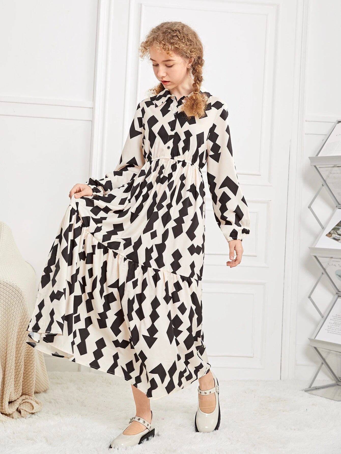 Teen Girls Allover Geo Print Ruffle Hem Shirt Dress