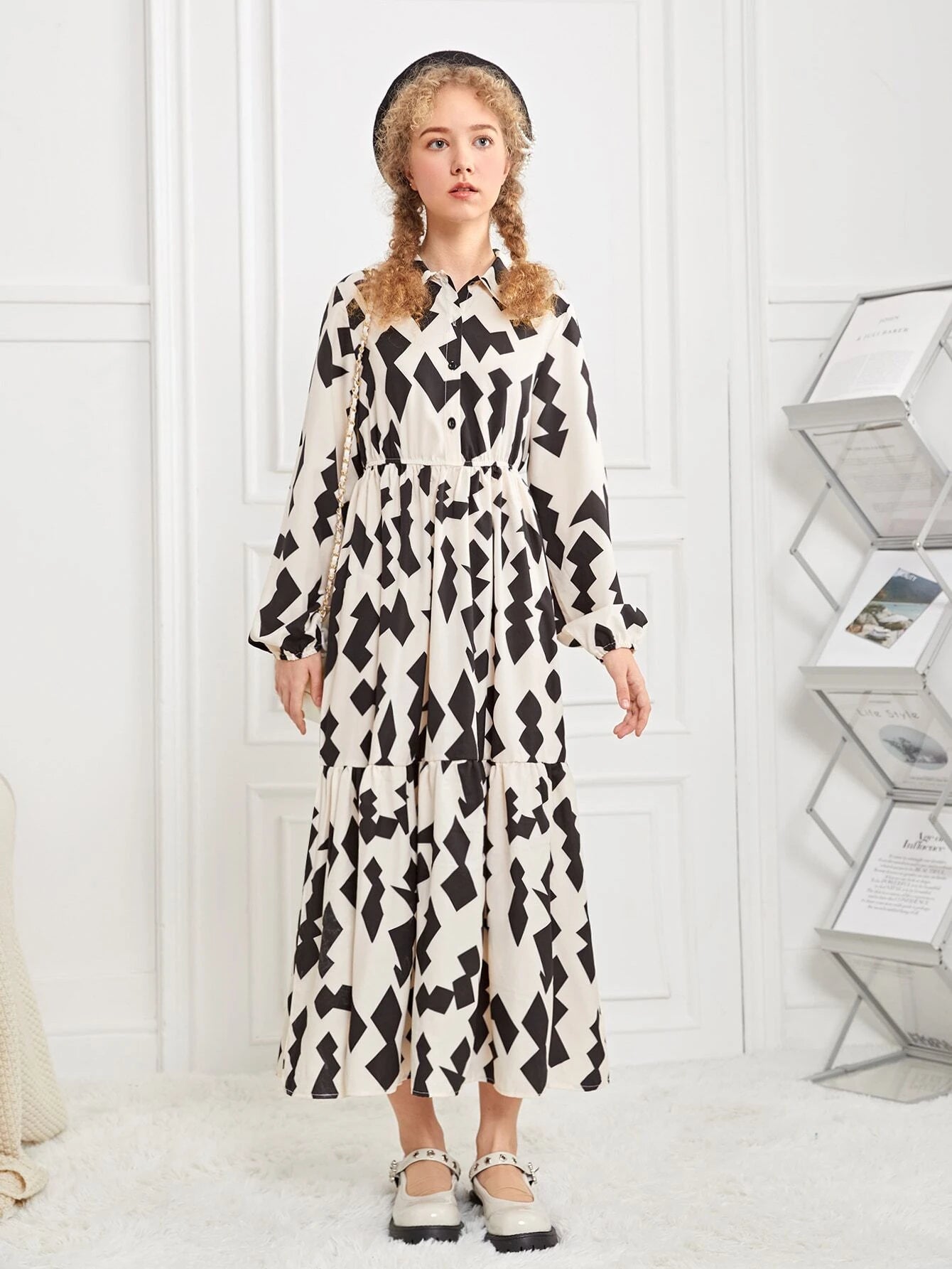 Teen Girls Allover Geo Print Ruffle Hem Shirt Dress