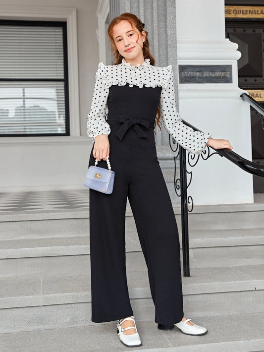 Teen Girls Polka Dot Ruffle Trim Belted Jumpsuit Black & White 8-9Y