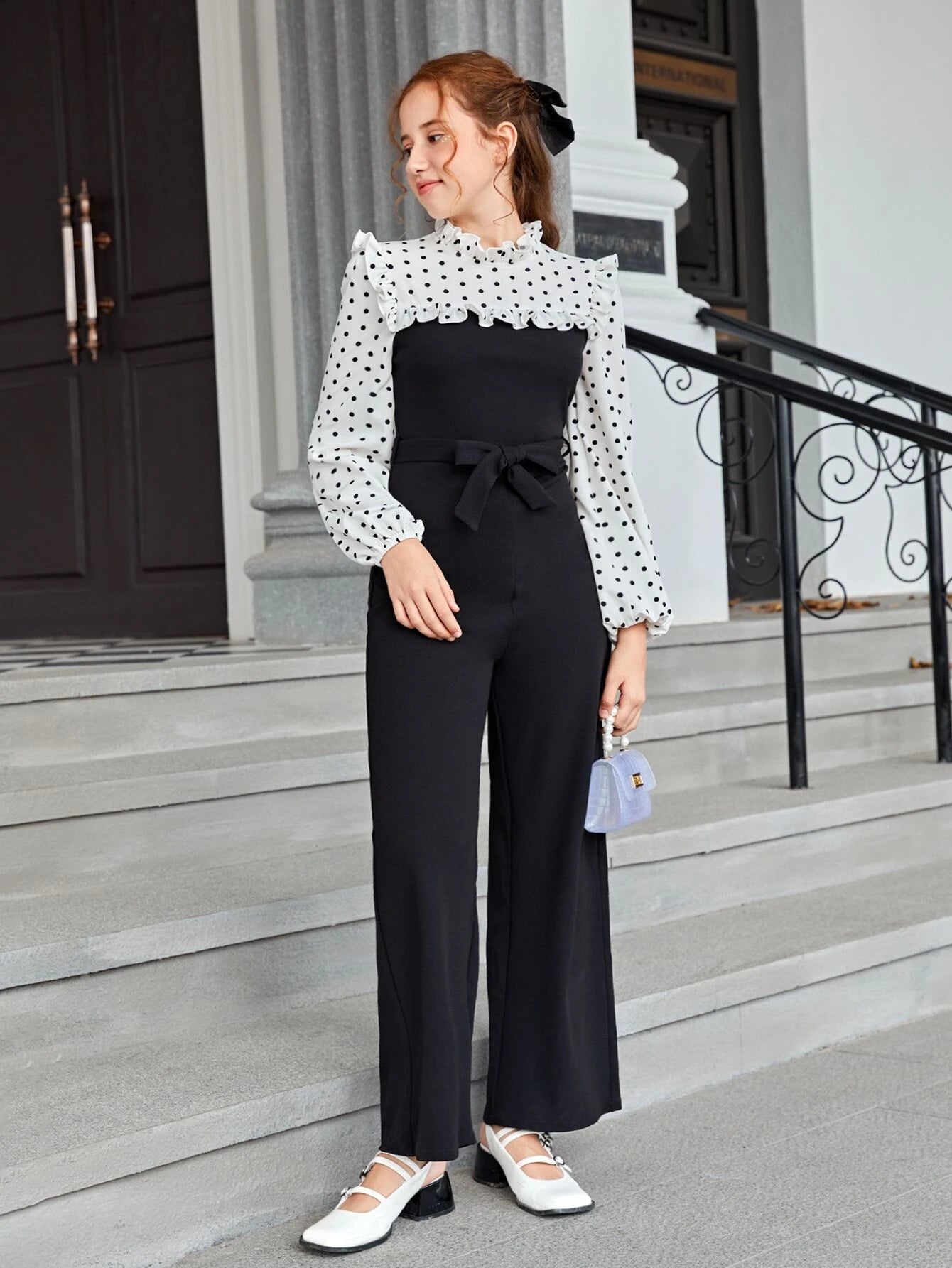 Teen Girls Polka Dot Ruffle Trim Belted Jumpsuit