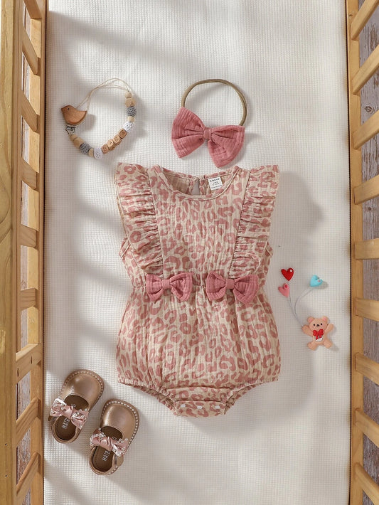 Baby Girl Leopard Print Ruffle Trim Bow Front Bodysuit With Accessory Headband Pink