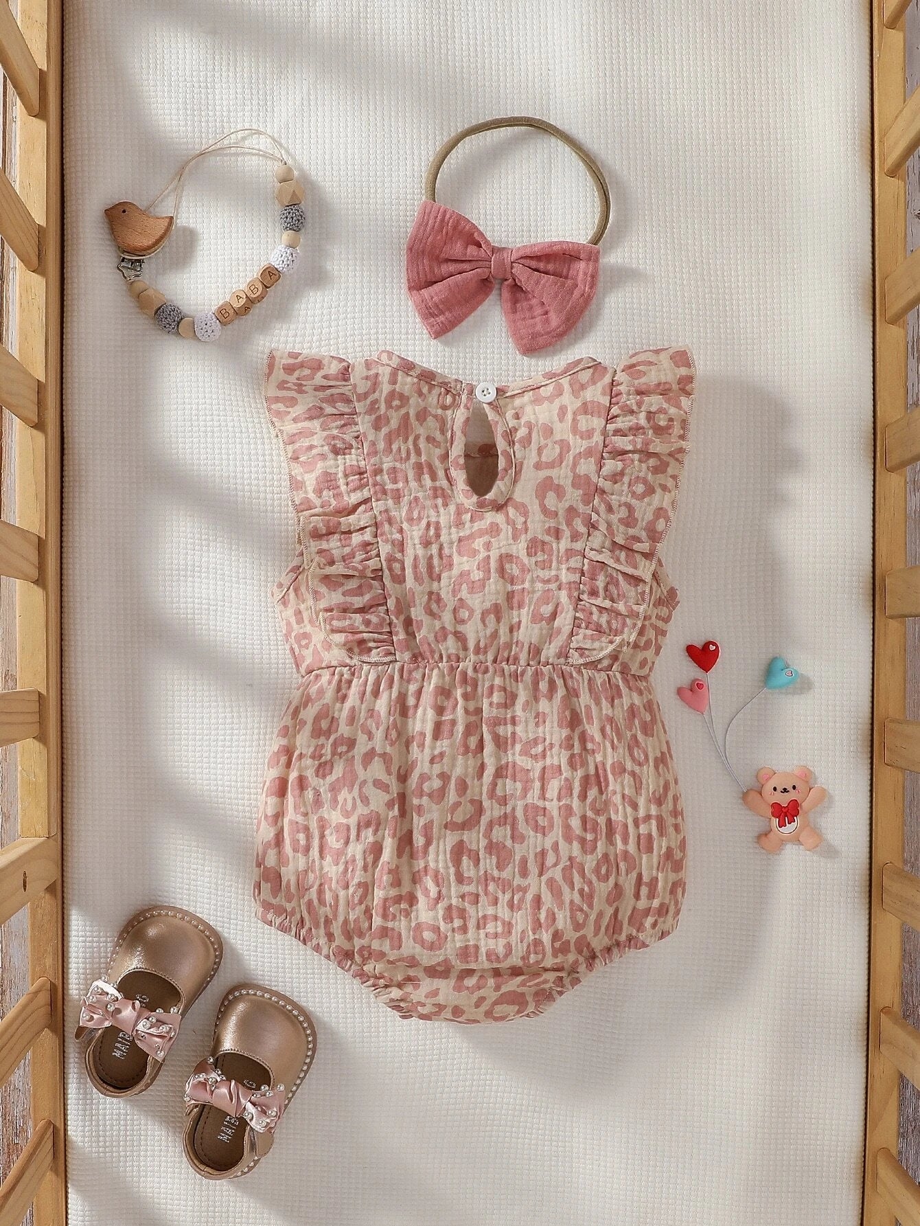 Baby Girl Leopard Print Ruffle Trim Bow Front Bodysuit With Accessory Headband