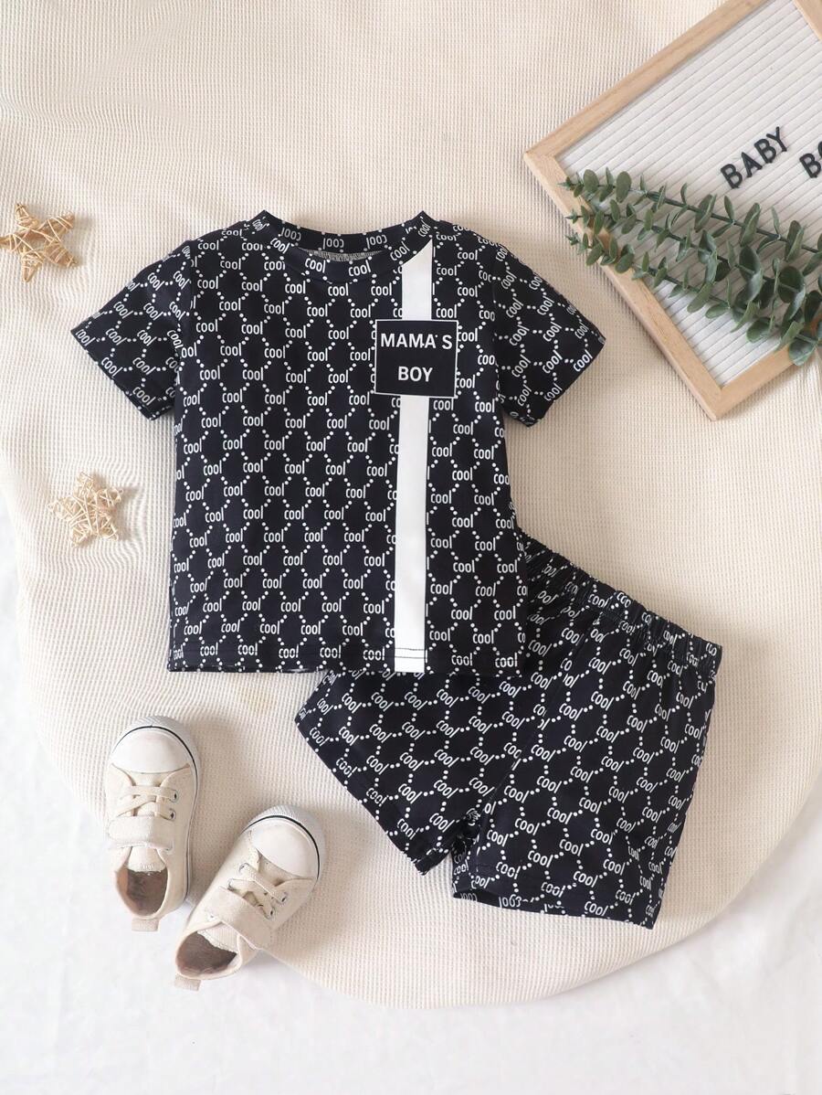 Baby Boy Summer Casual All-Over Letter Print T-Shirt And Shorts Set Black