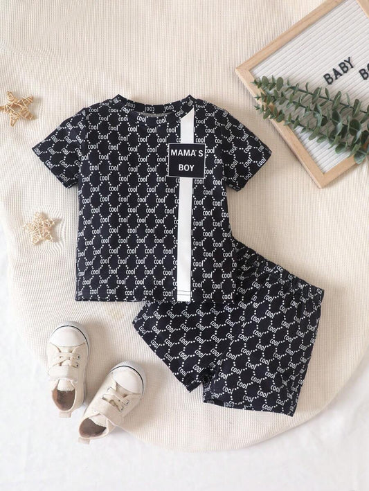 Baby Boy Summer Casual All-Over Letter Print T-Shirt And Shorts Set Black