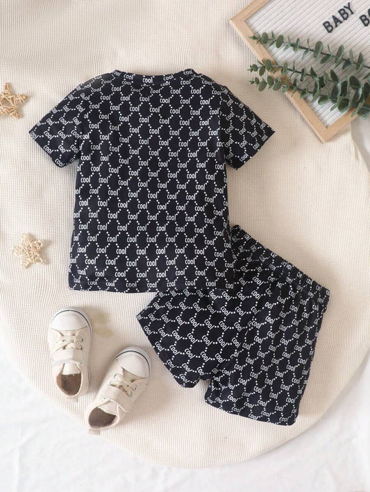 Baby Boy Summer Casual All-Over Letter Print T-Shirt And Shorts Set