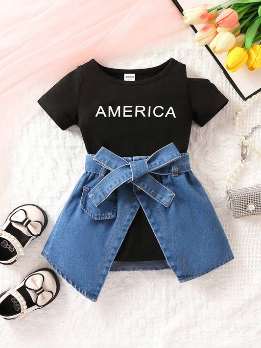Baby Girl Letter Graphic Tee Dress & Asymmetrical Hem Denim Skirt Multicolor