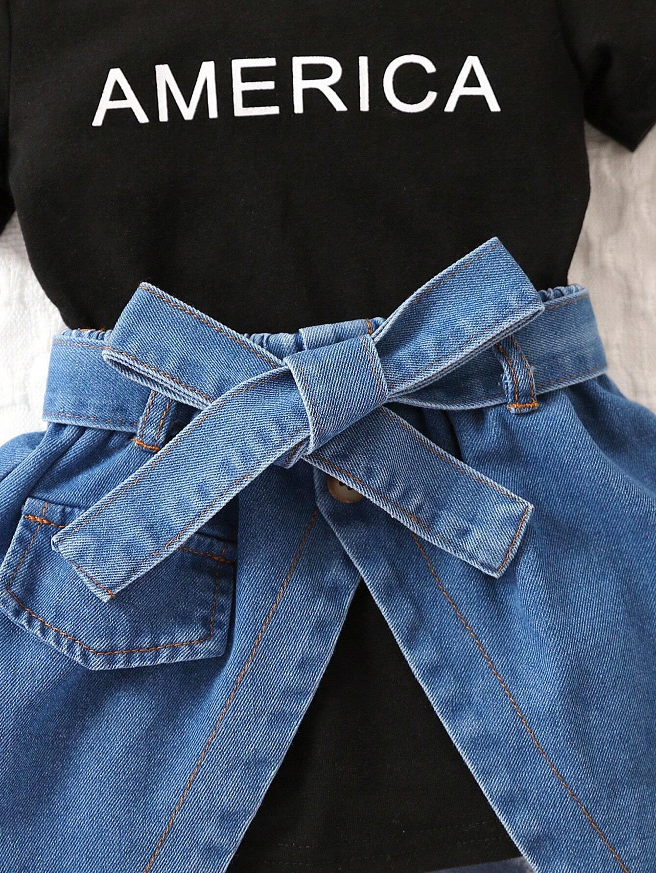 Baby Girl Letter Graphic Tee Dress & Asymmetrical Hem Denim Skirt