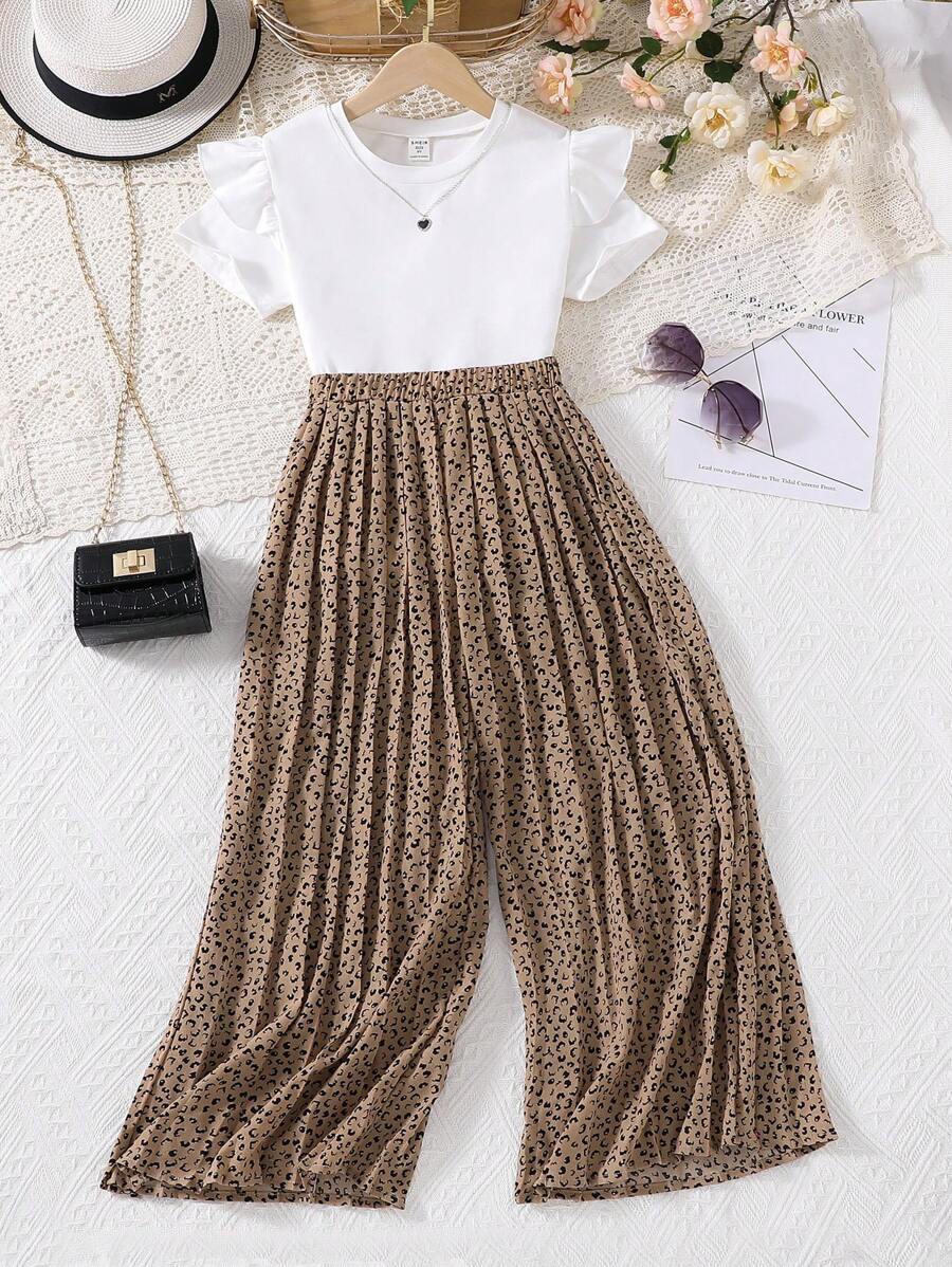 Tween Girl Ruffle Trim Tee & Dalmatian Print Wide Leg Pants Multicolor 2