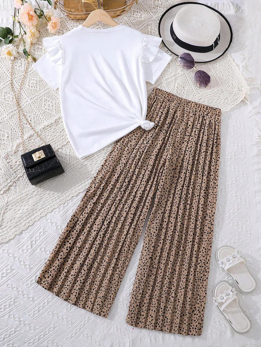Tween Girl Ruffle Trim Tee & Dalmatian Print Wide Leg Pants