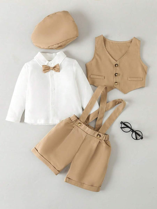 Baby Boy Bow Front Shirt & Vest Jacket & Suspender Shorts & Hat Set Khaki 2-3Y