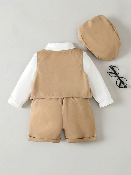 Baby Boy Bow Front Shirt & Vest Jacket & Suspender Shorts & Hat Set