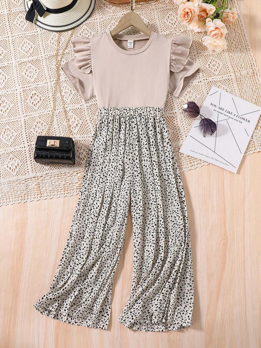Tween Girl Ruffle Trim Tee & Dalmatian Print Wide Leg Pants Apricot