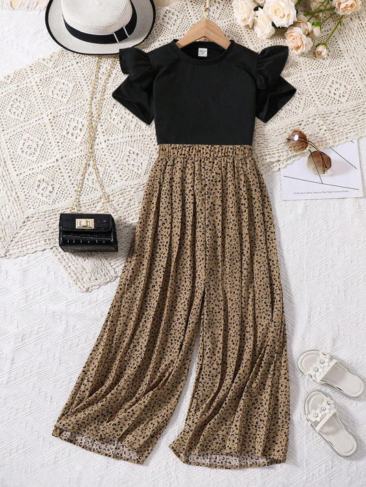 Tween Girl Ruffle Trim Tee & Dalmatian Print Wide Leg Pants Multicolor