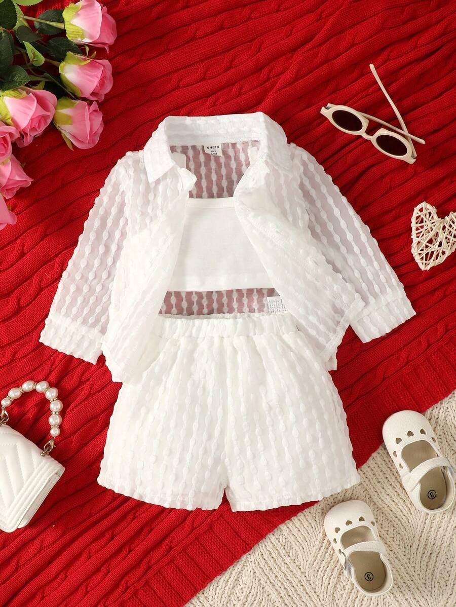 Baby Girl Solid Cami Top & Shorts & Button Up Shirt