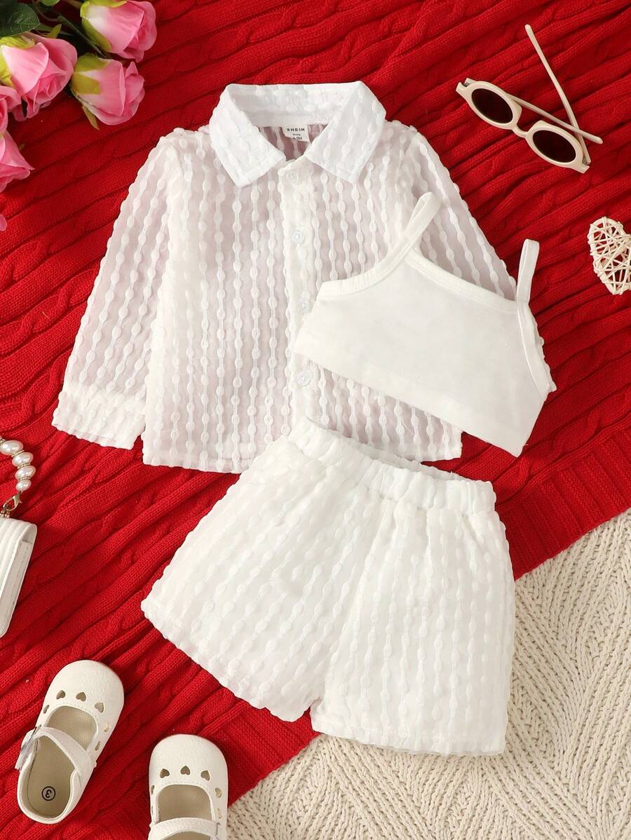 Baby Girl Solid Cami Top & Shorts & Button Up Shirt White 6-9M