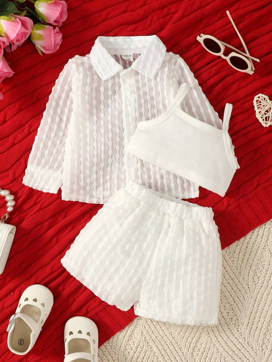 Baby Girl Solid Cami Top & Shorts & Button Up Shirt White 6-9M