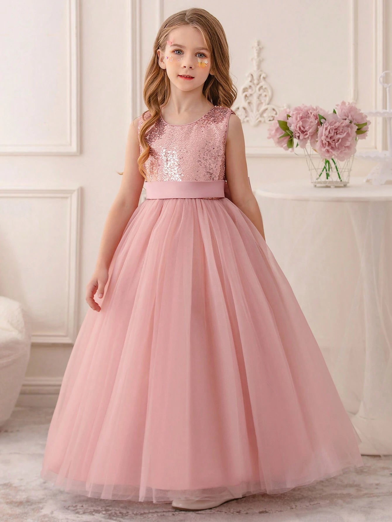 Tween Girl Pink Princess Dress With Bowknot & Sequin Decoration