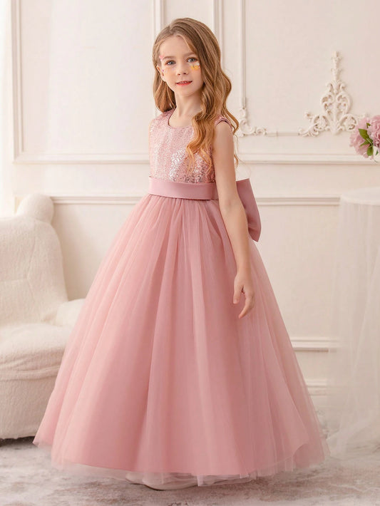 Tween Girl Pink Princess Dress With Bowknot & Sequin Decoration Pink