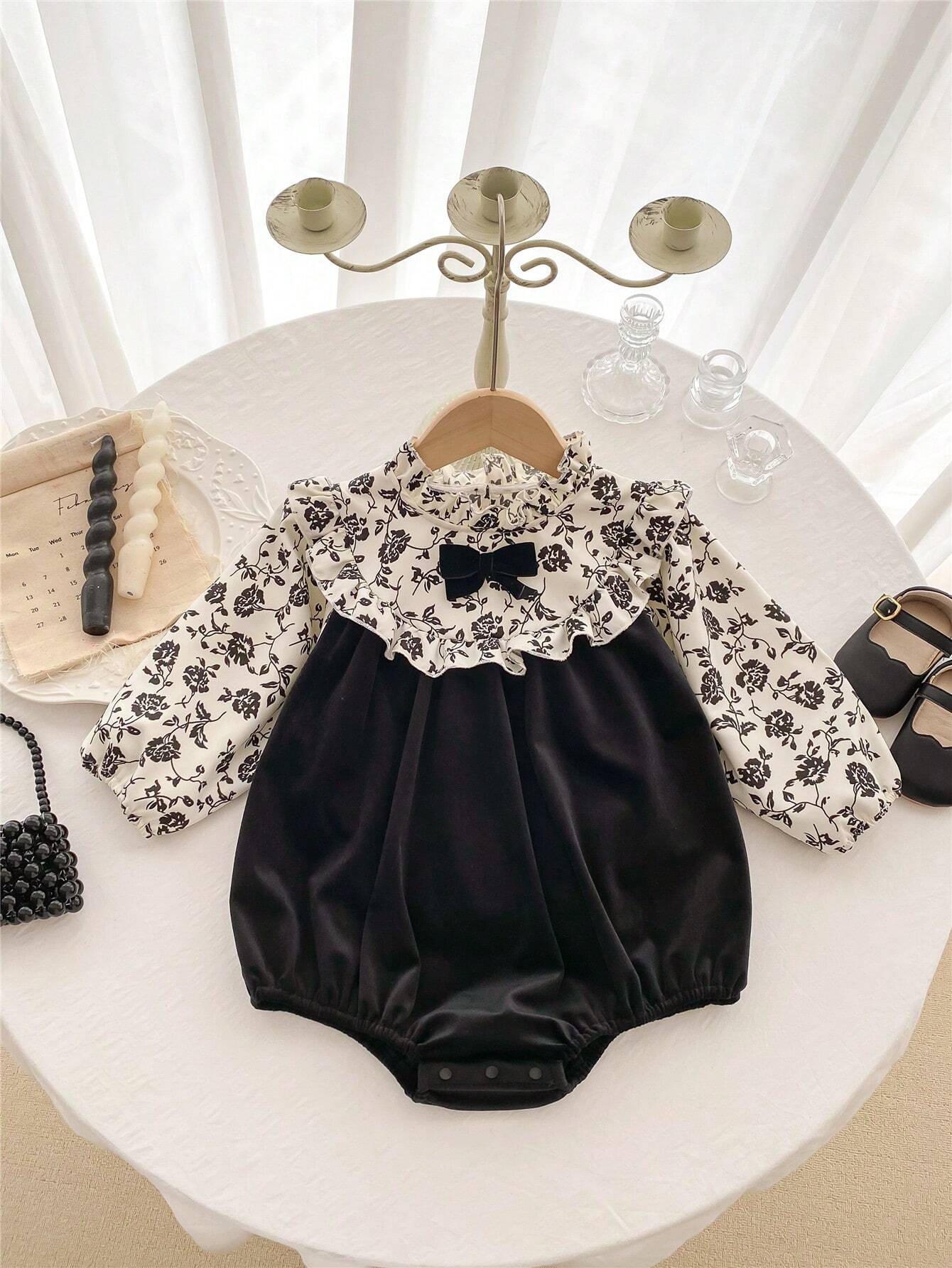 Baby Girl Ruffled Collar Long Sleeve Floral Bowknot Bodysuit Black