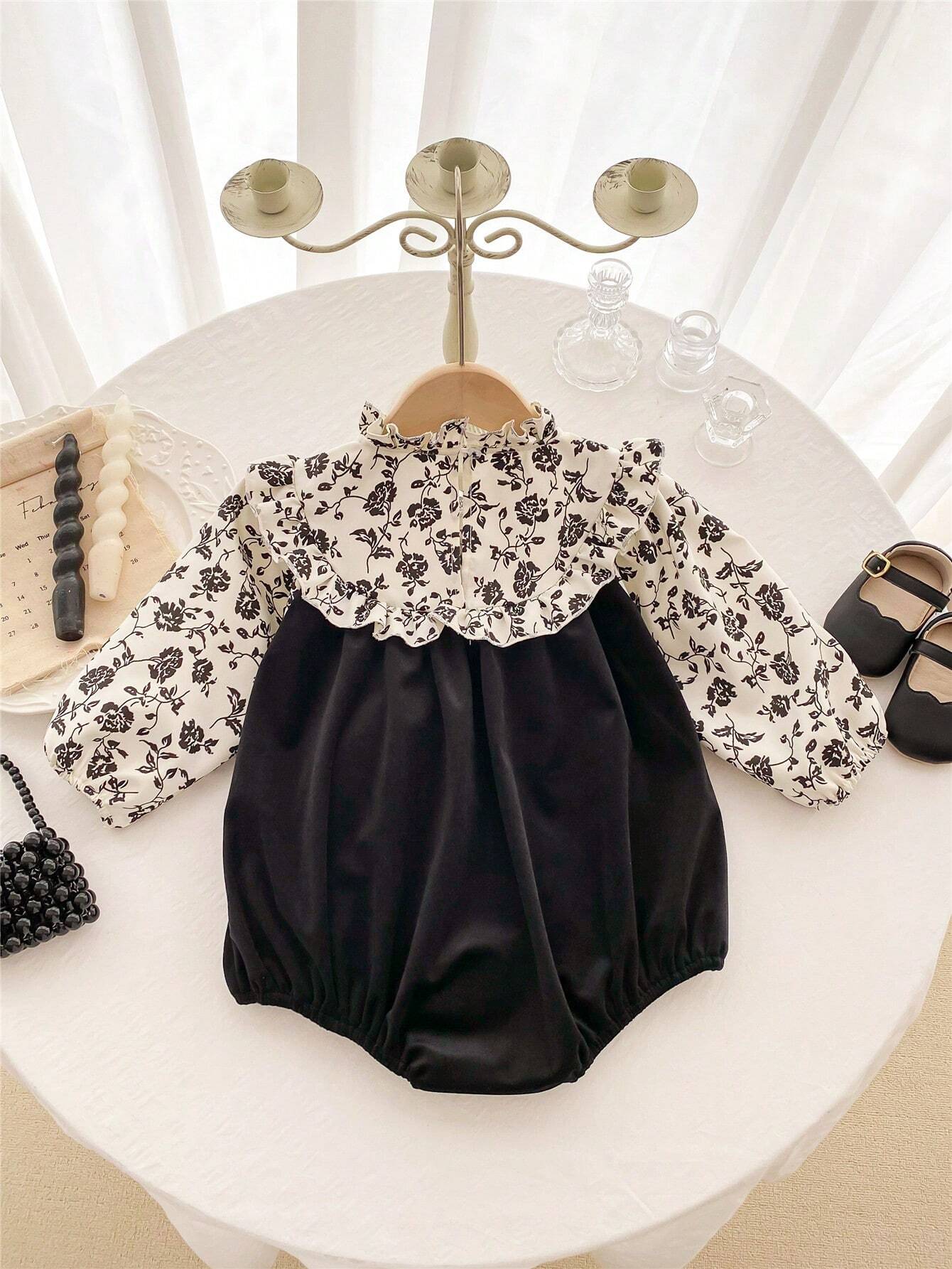 Baby Girl Ruffled Collar Long Sleeve Floral Bowknot Bodysuit