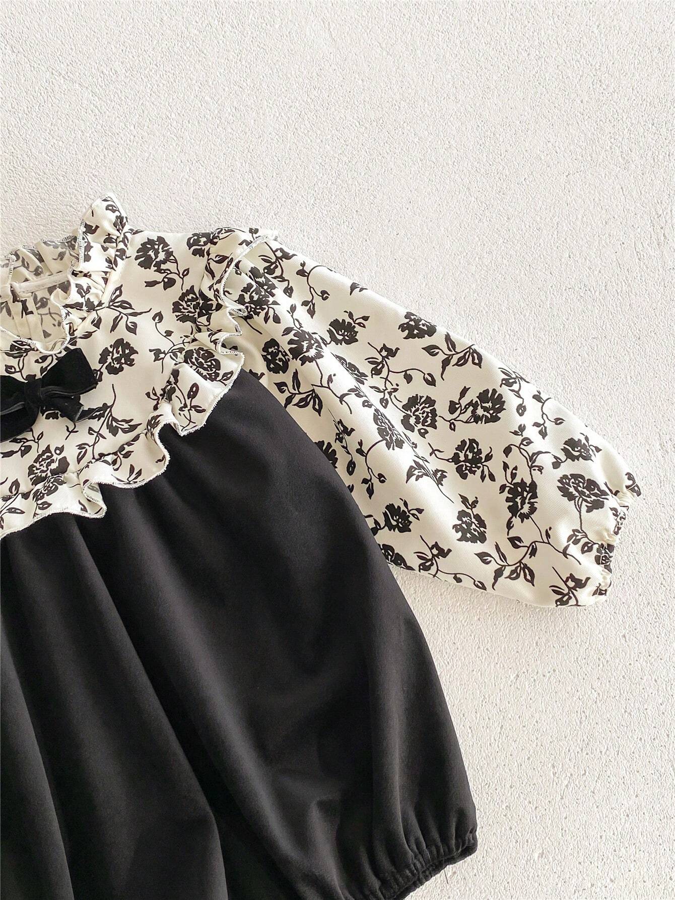 Baby Girl Ruffled Collar Long Sleeve Floral Bowknot Bodysuit