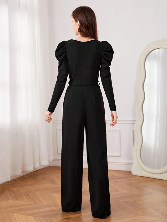 Teen Girl Notched Neckline Gigot Sleeve Jumpsuit Without Belt