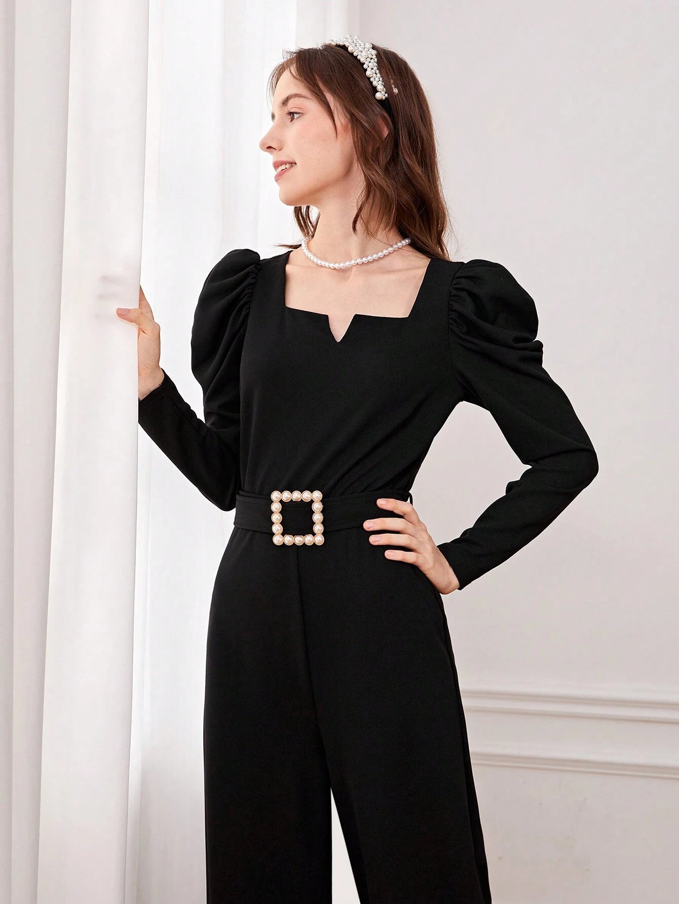 Teen Girl Notched Neckline Gigot Sleeve Jumpsuit Without Belt