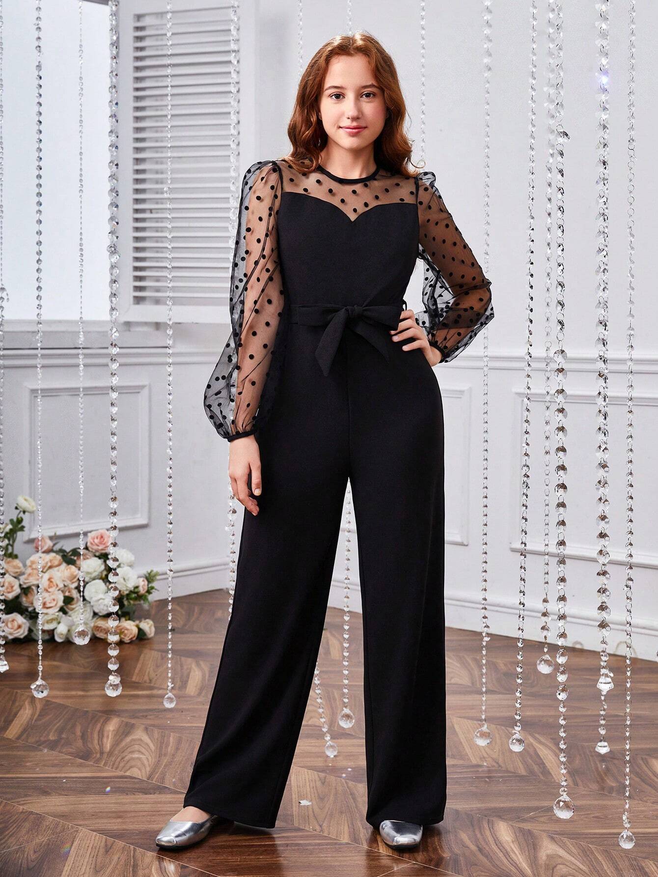 Teen Girl Contrast Dobby Mesh Lantern Sleeve Belted Jumpsuit