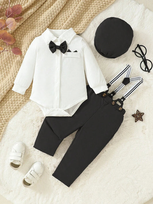 Vintage Style Academy Gentleman Turn-down Collar Bowtie Shirt Suspender Pants With Beret Black 1-3M