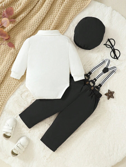 Vintage Style Academy Gentleman Turn-down Collar Bowtie Shirt Suspender Pants With Beret