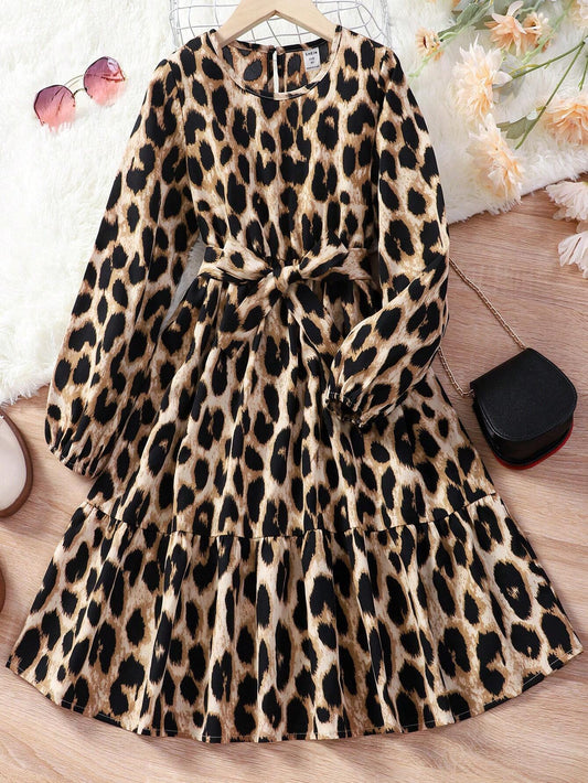 Teenage Girls' Leopard Print Lantern Sleeve Belted Dress Multicolor