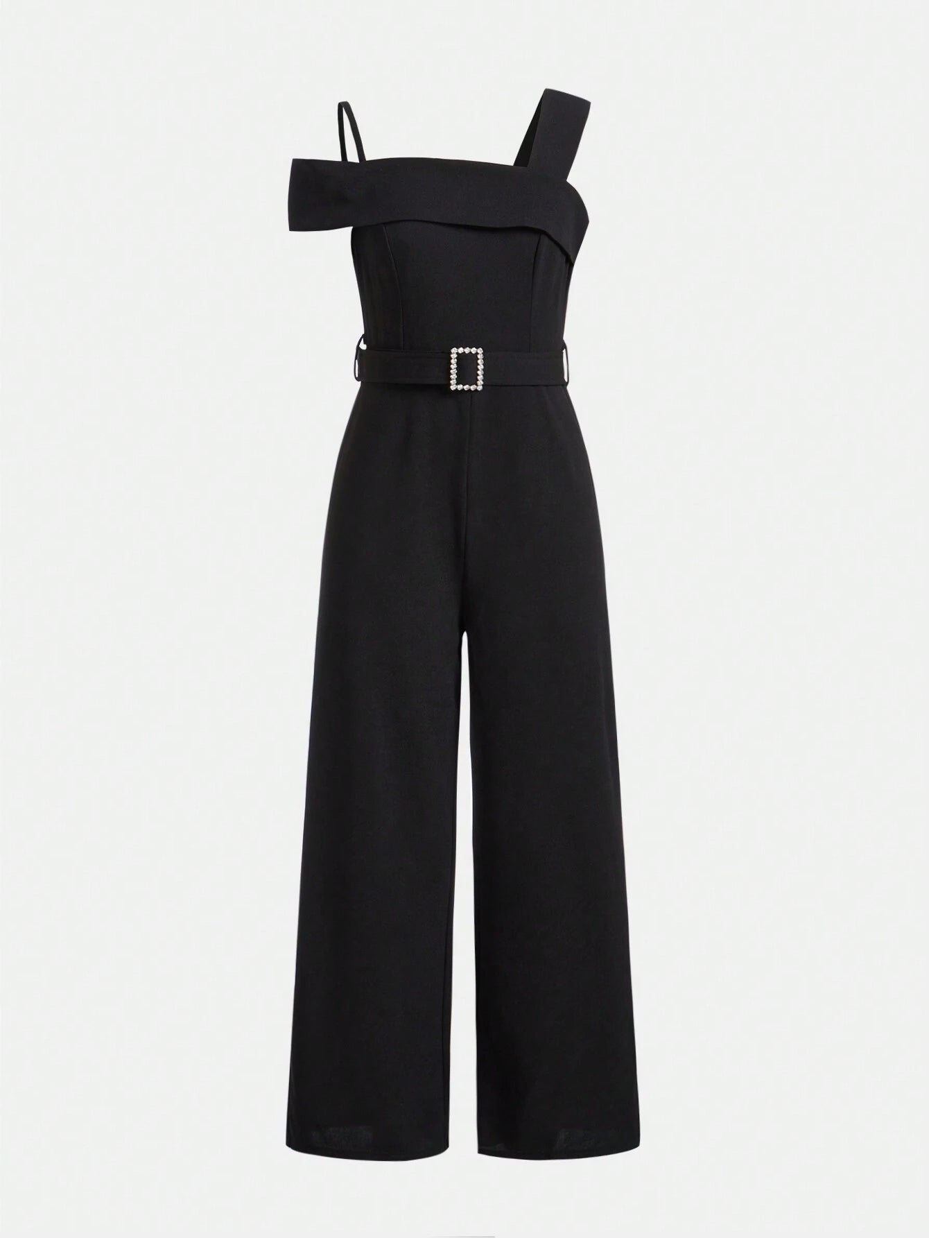 Teen Girls' Knitted Solid Color Jumpsuit With Rhinestone Decor Waist Belt Black