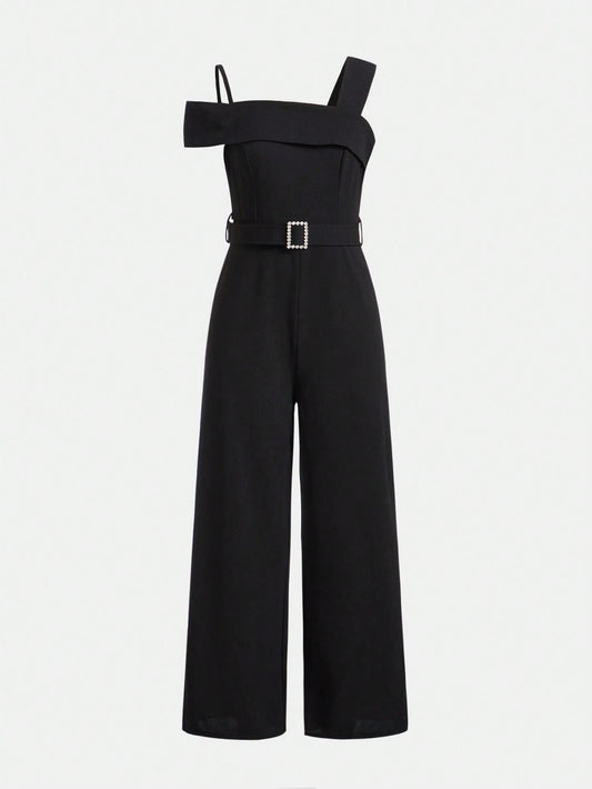 Teen Girls' Knitted Solid Color Jumpsuit With Rhinestone Decor Waist Belt Black