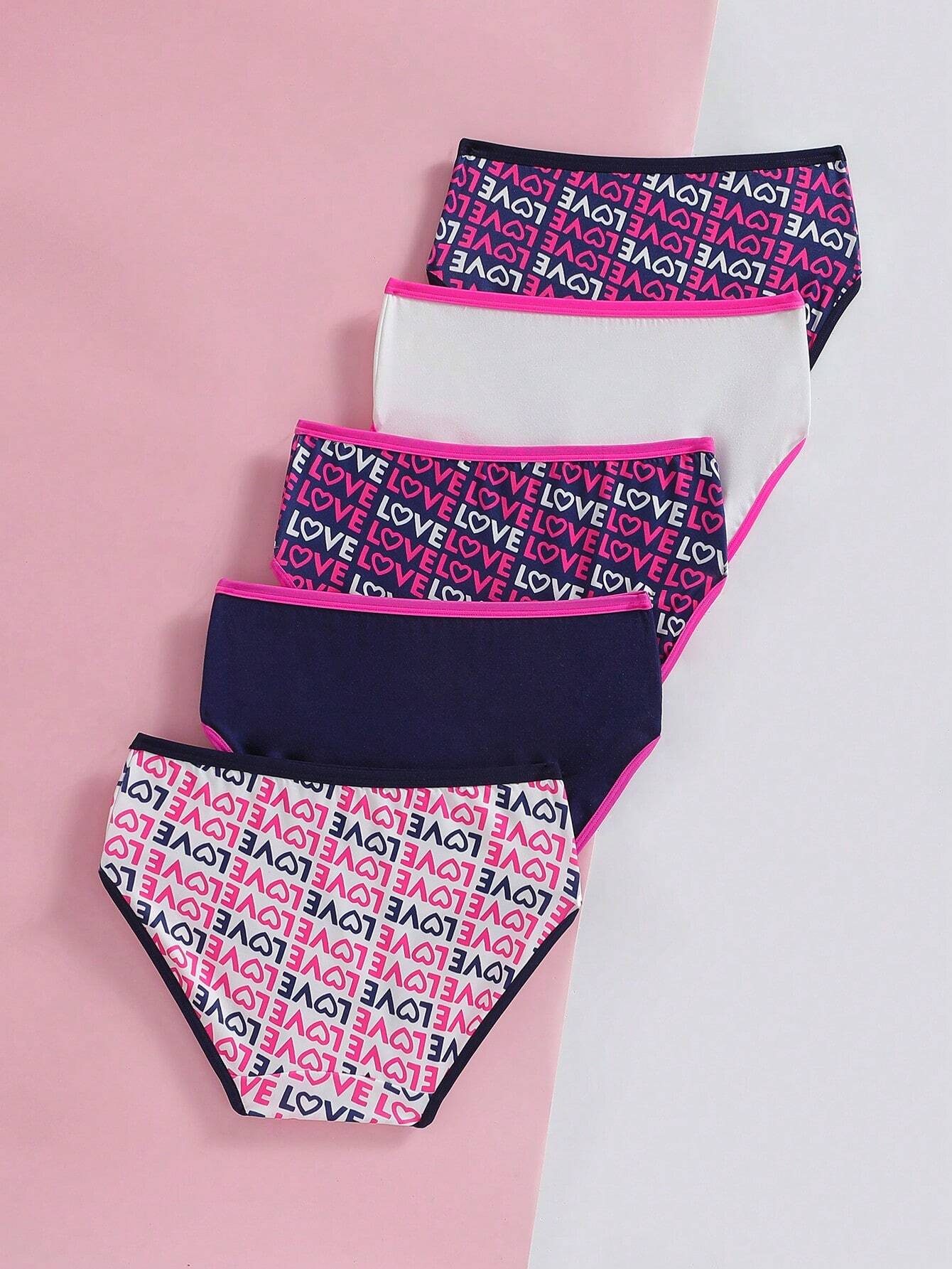 Tween Girl Heart Letter Printed American Retro Style Multicolor Underwear Set