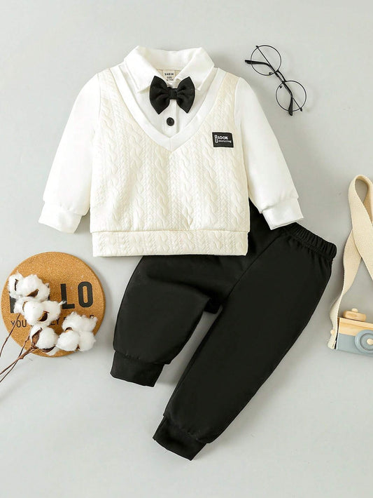 Baby Boys' Button Closure Long Sleeve 2-In-1 Sweatshirt And Pants With Detachable Bow Tie