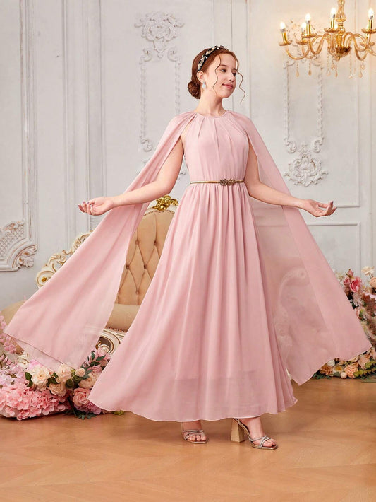 Teen Girls' Woven Chiffon Solid Color Kimono Sleeve Casual Dress Pink