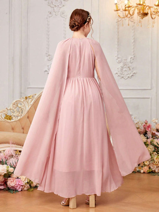 Teen Girls' Woven Chiffon Solid Color Kimono Sleeve Casual Dress