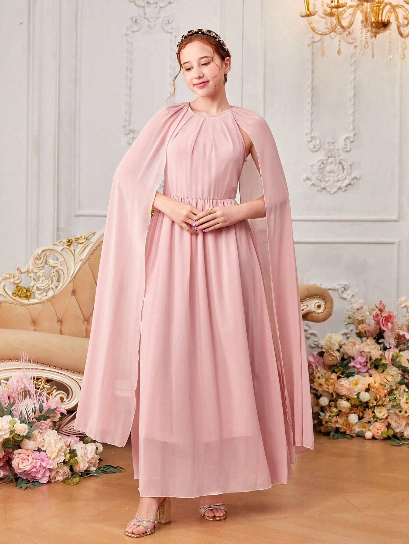 Teen Girls' Woven Chiffon Solid Color Kimono Sleeve Casual Dress