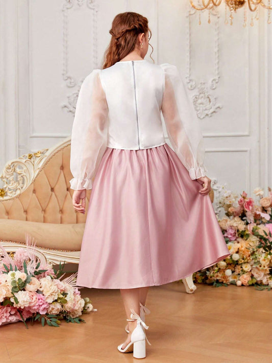 2pcs/Set Teenage Girl's Embroidered Puff Sleeve Shirt And Skirt