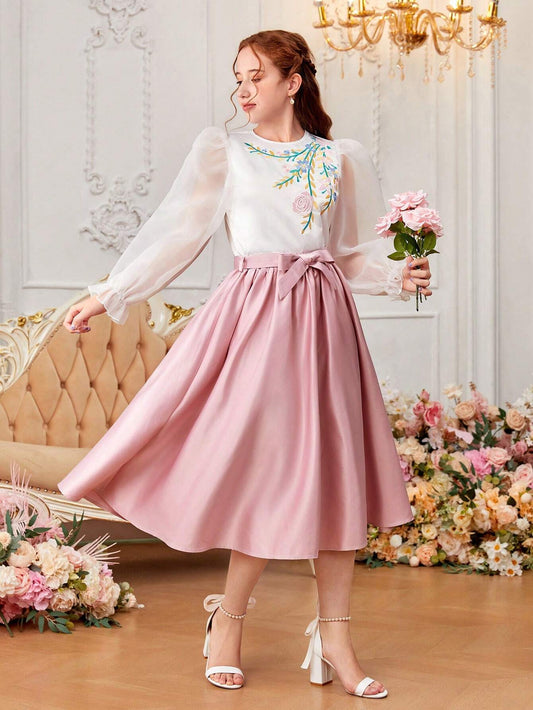 2pcs/Set Teenage Girl's Embroidered Puff Sleeve Shirt And Skirt Multicolor