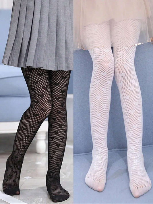 2pairs Girls' Mesh Heart Patterned Leggings Multicolor