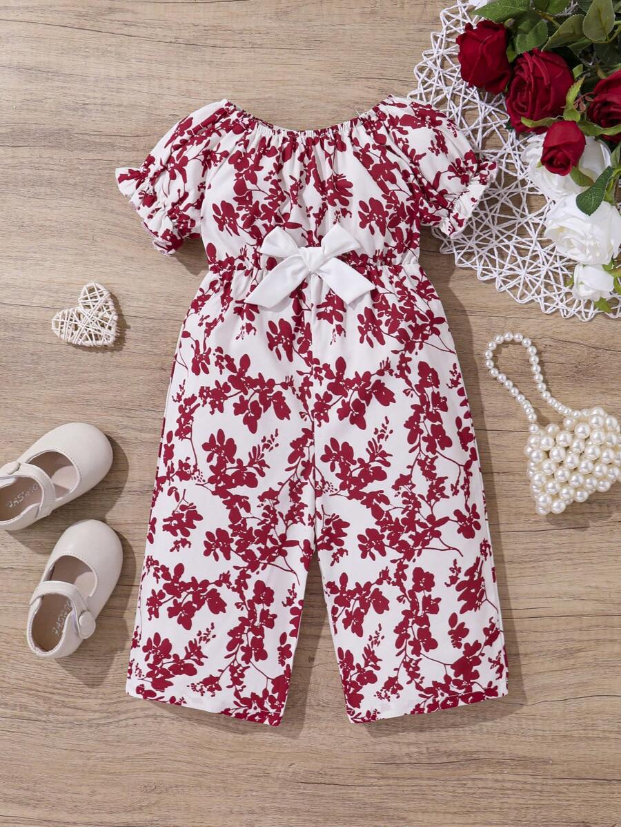Baby Girl Casual Bowknot & Botanical Print Short Sleeve Jumpsuit Red