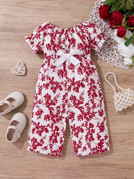 Baby Girl Casual Bowknot & Botanical Print Short Sleeve Jumpsuit Red