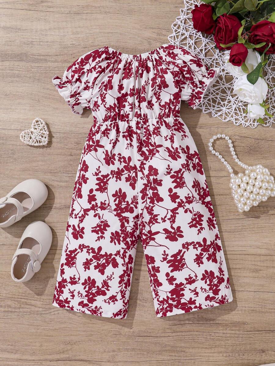 Baby Girl Casual Bowknot & Botanical Print Short Sleeve Jumpsuit