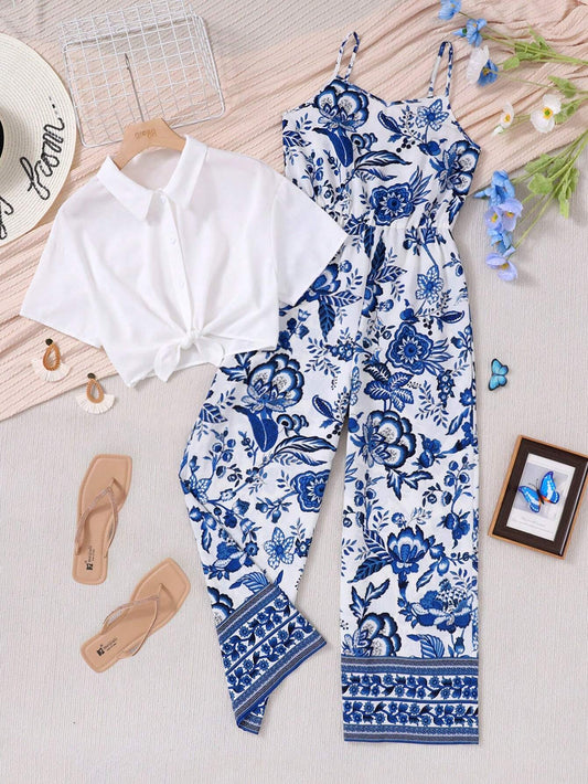 Teen Girls' Solid Color Bow-Tie Shirt & Flower Print Spaghetti Strap Jumpsuit Set Blue & White