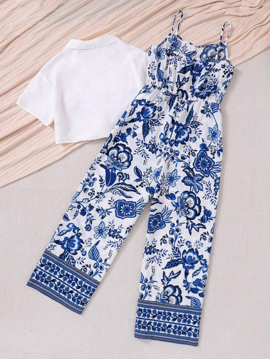 Teen Girls' Solid Color Bow-Tie Shirt & Flower Print Spaghetti Strap Jumpsuit Set