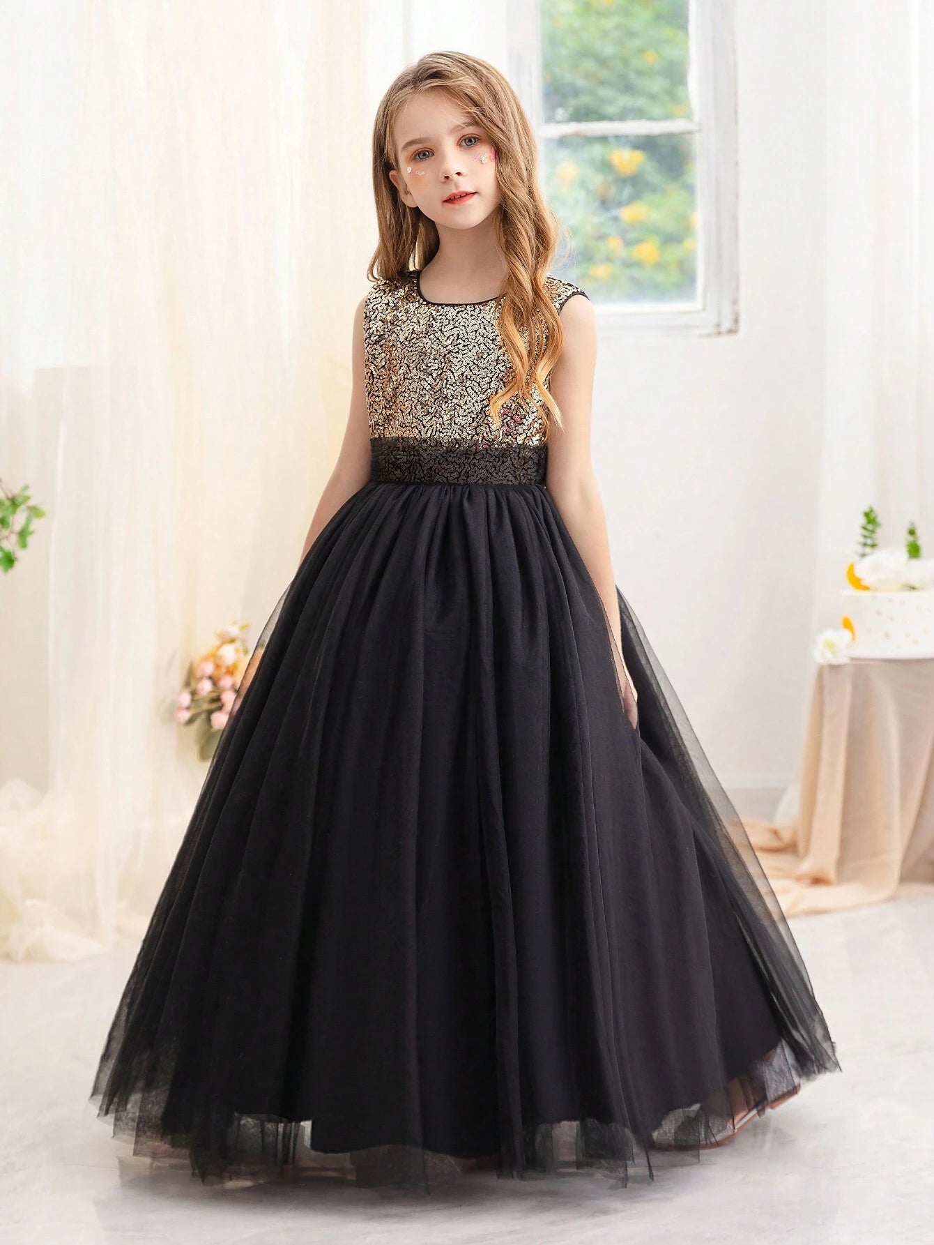Tween Girl Glitter Mesh Formal Princess Dress Black