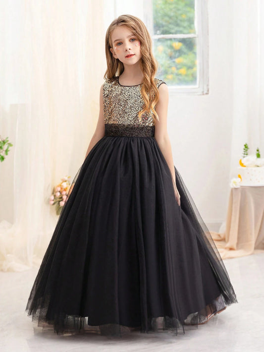 Tween Girl Glitter Mesh Formal Princess Dress Black