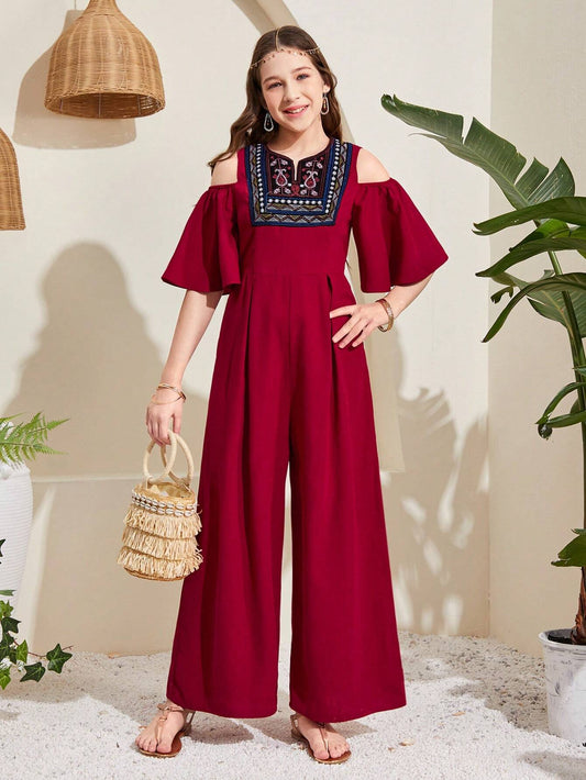 Teen Girl's Embroidered Jumpsuit With Off-Shoulder Design And Wide Leg In Solid Color And Patchwork Rose Red